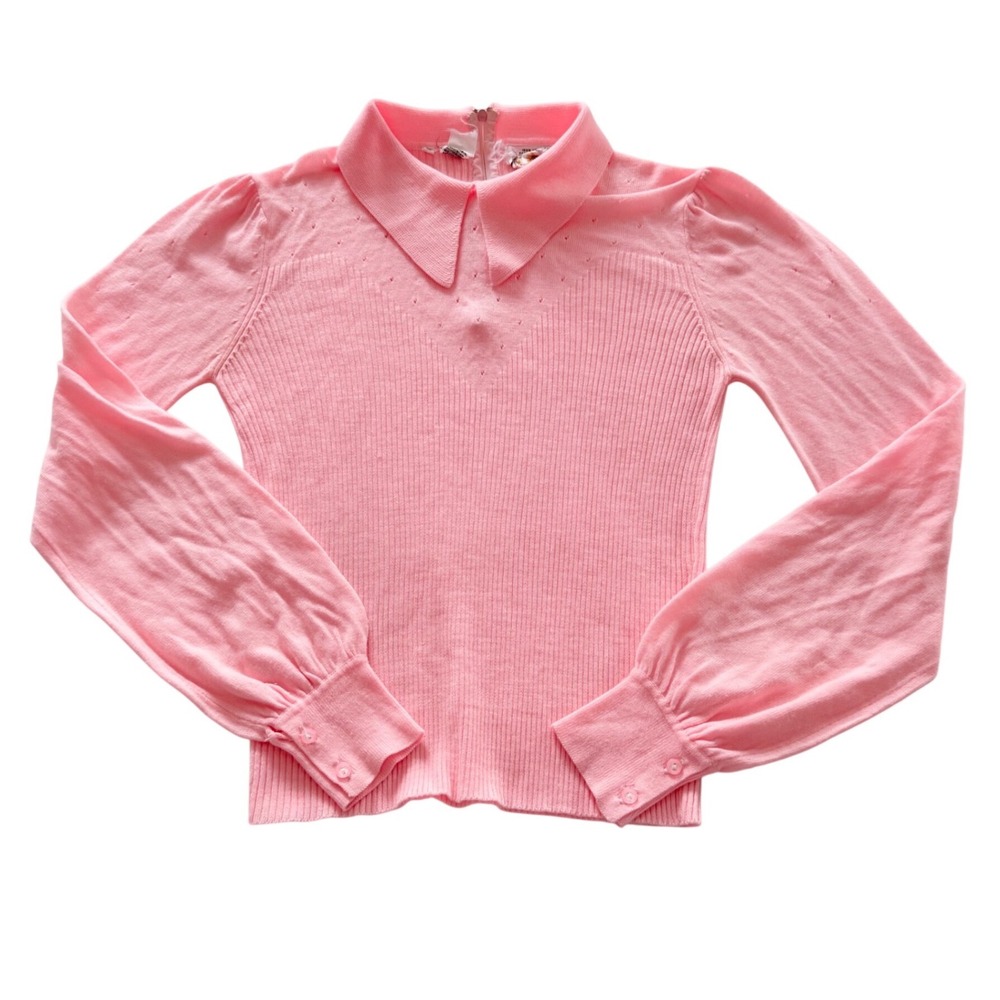 Vintage 80s Sweeter Banff Pink Peter Pan Collar Puff Sleeve Knit Sweater Sz 36